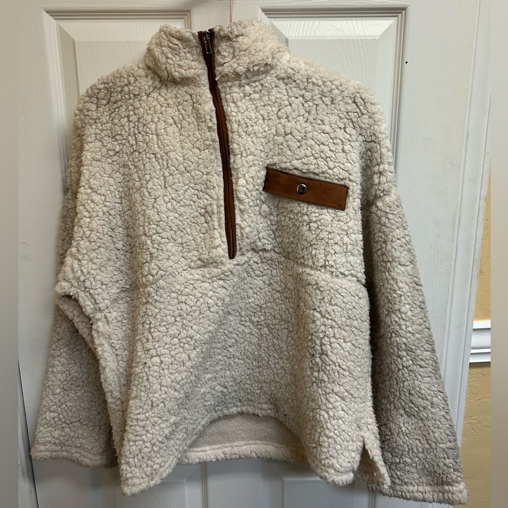 Crescent Cream Sherpa Jacket with Brown Trim